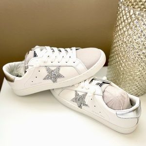 VINTAGE HAVANA Carla Sneaker in White and Silver Foil with Glitter Star Size 9